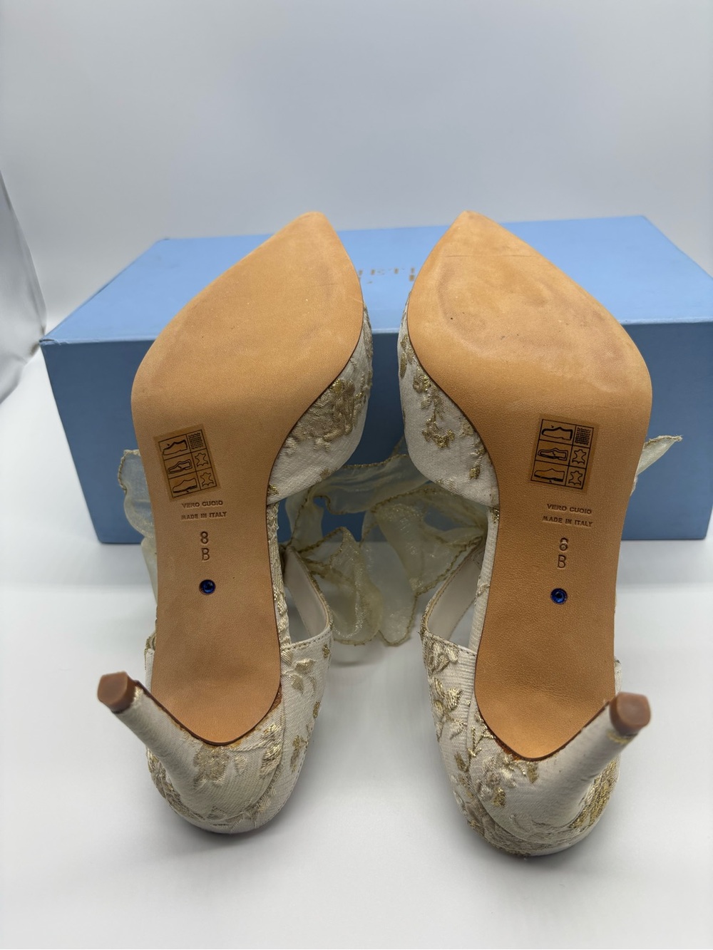 Something Bleu Bridal Ivory Pointed-Toe Heels with Gold Floral Embroidery - Picture 7 of 8